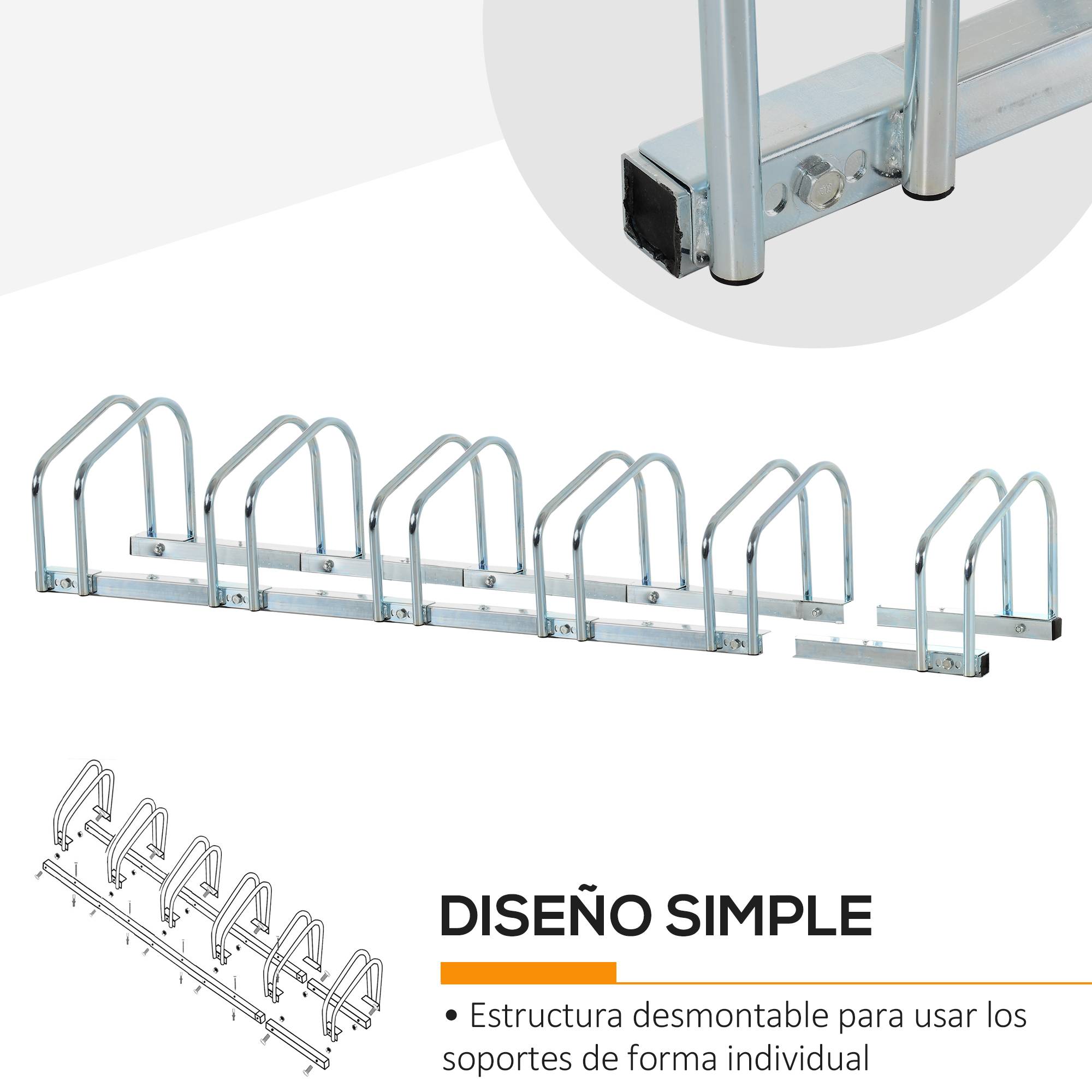 Support à vélos pour 6 vélos, structure en acier pour ranger les vélos au sol ou au mur, 179 x 33 x 27 cm, argent - Image 7