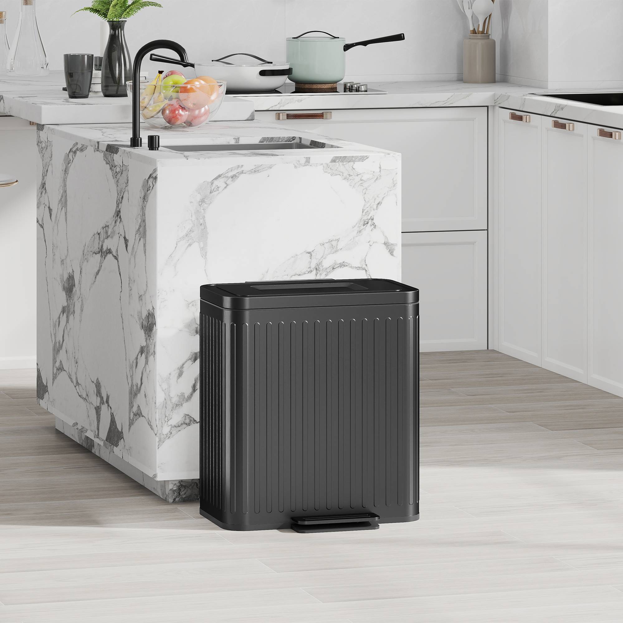 Sans Marque - Poubelle cuisine 2 compartiments 20 L tri sélectif efficace pédale plastique métal noire - Image 3