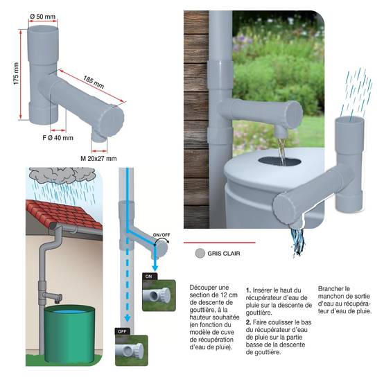 Jardibric - Jardibric - Collecteur Eau de Pluie Ø50 mm Gris pour Descente de Gouttière - Raccord Récupérateur Eau Sortie Filetée 20x27 - Image 5