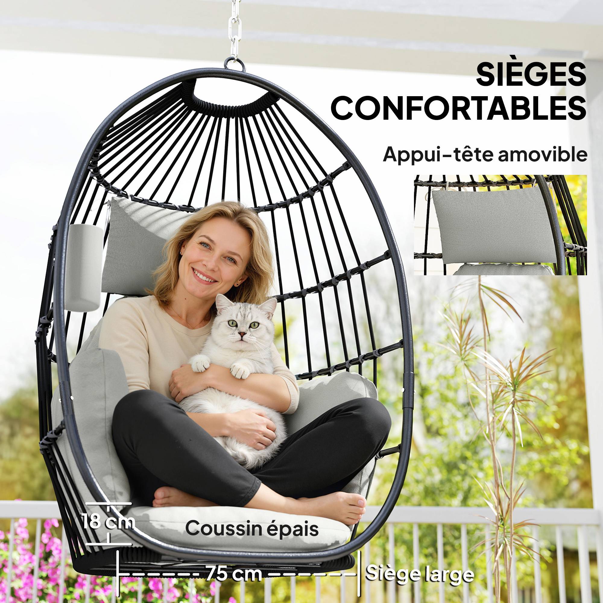 Fauteuil suspendu, fauteuil œuf suspendu, panier pliable, coussins rembourrés, porte-gobelet, oreiller, gris foncé - Image 8