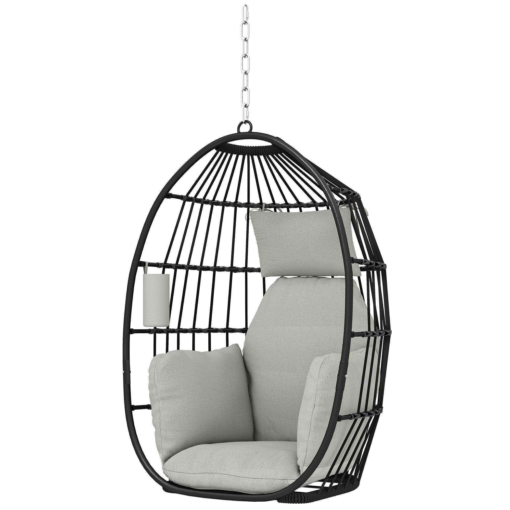Fauteuil suspendu, fauteuil œuf suspendu, panier pliable, coussins rembourrés, porte-gobelet, oreiller, gris foncé - Image 2
