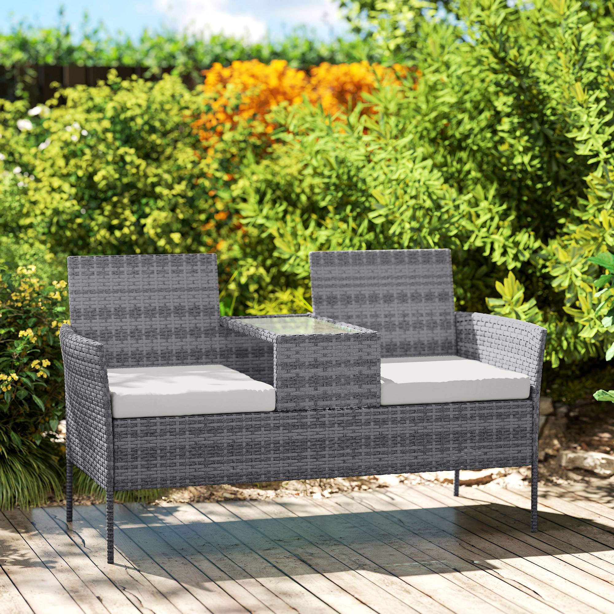 Outsunny - Banc de Jardin en résine tressée 2 Places - avec Table et Coussins - 135 x 64 x 81 cm - pour Balcon et Terrasse - Noir - Outsunny - Image 4