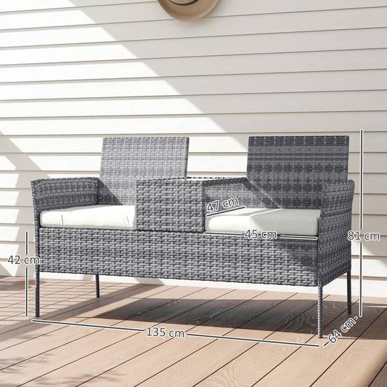 Outsunny - Banc de Jardin en résine tressée 2 Places - avec Table et Coussins - 135 x 64 x 81 cm - pour Balcon et Terrasse - Noir - Outsunny - Image 3