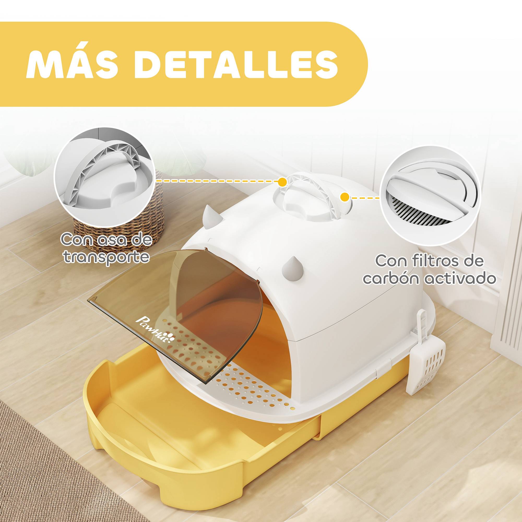 Bac à litière fermé avec plateau amovible, filtre à charbon actif, pelle et poignée supérieure. Dimensions : 40,5 x 52 x 39 cm. Jaune et blanc. - Image 9