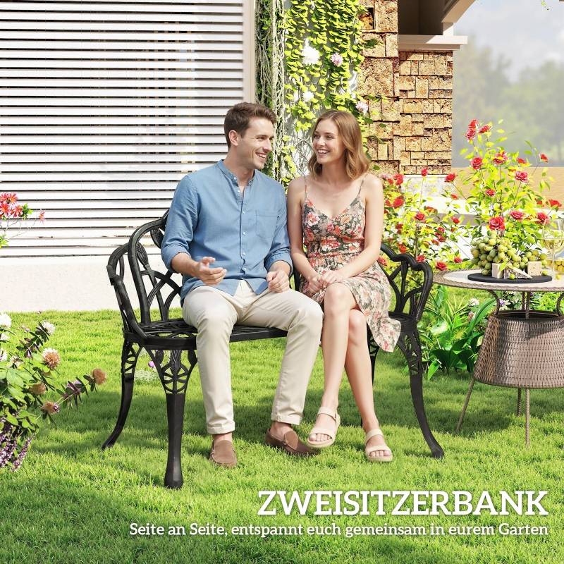 Banc de jardin 2 places en aluminium moulé imperméable Banc extérieur avec dossier en tulipe motif floral 99 x 57 x 78 cm - Image 6