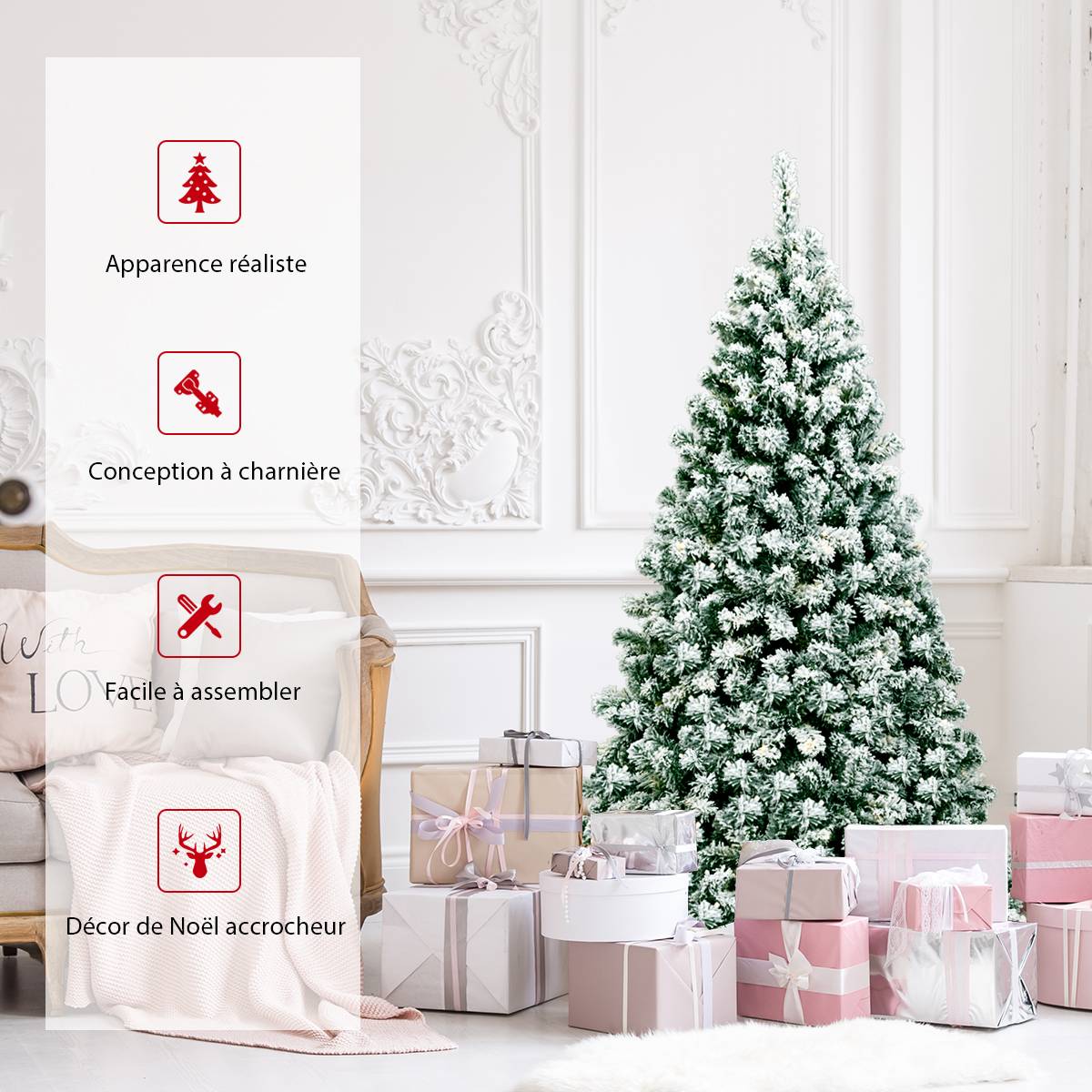 Sapin de Noël - Arbre de Noël Artificiel 180 cm Sapin Enneigé avec 250 Lumières LED 928 Rameaux et Support Métallique Pliable - Image 5