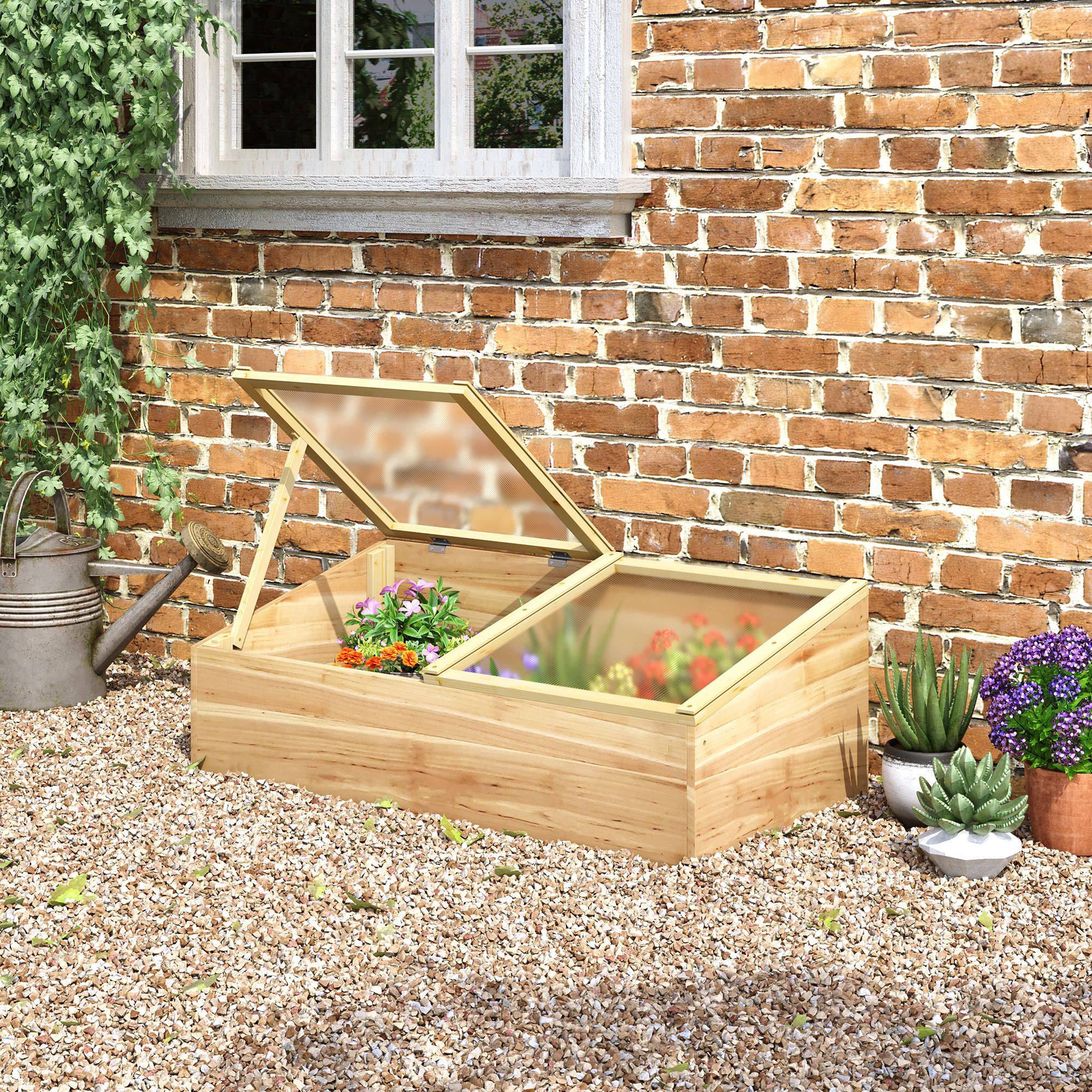Mini Serre de Jardin Serre pour semis dim. 100L x 50l x 36H cm Toit 2 pans ouvrables séparemment Panneaux de Polycarbonate Bois Sapin pré-huilé - Image 4