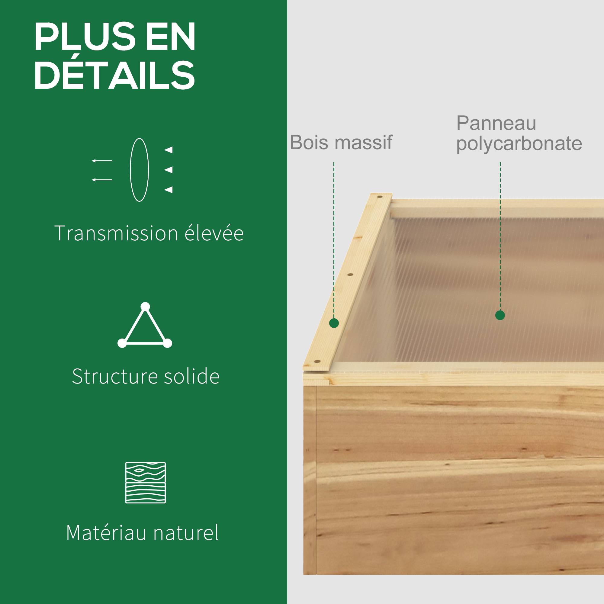Mini Serre de Jardin Serre pour semis dim. 100L x 50l x 36H cm Toit 2 pans ouvrables séparemment Panneaux de Polycarbonate Bois Sapin pré-huilé - Image 7