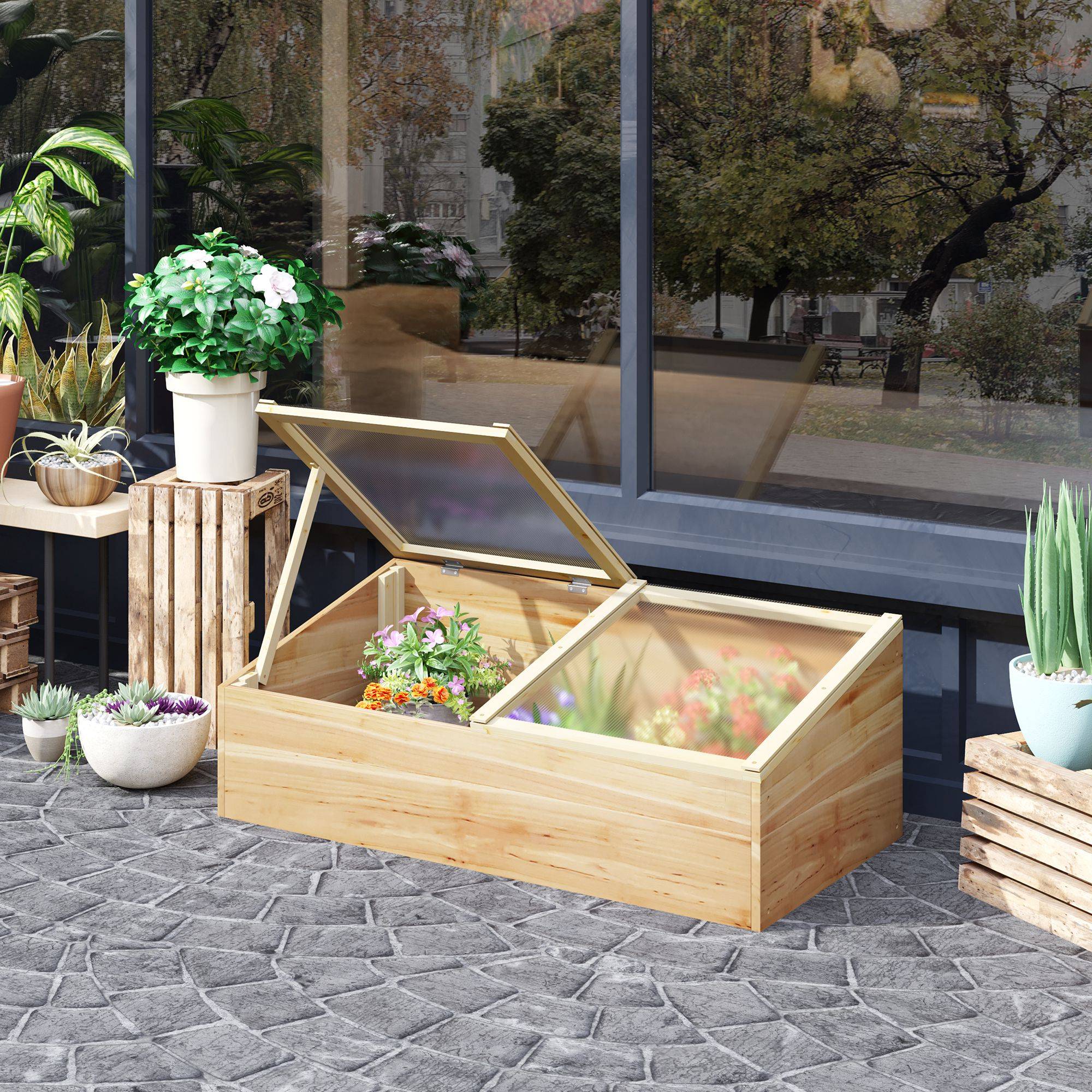 Mini Serre de Jardin Serre pour semis dim. 100L x 50l x 36H cm Toit 2 pans ouvrables séparemment Panneaux de Polycarbonate Bois Sapin pré-huilé - Image 3