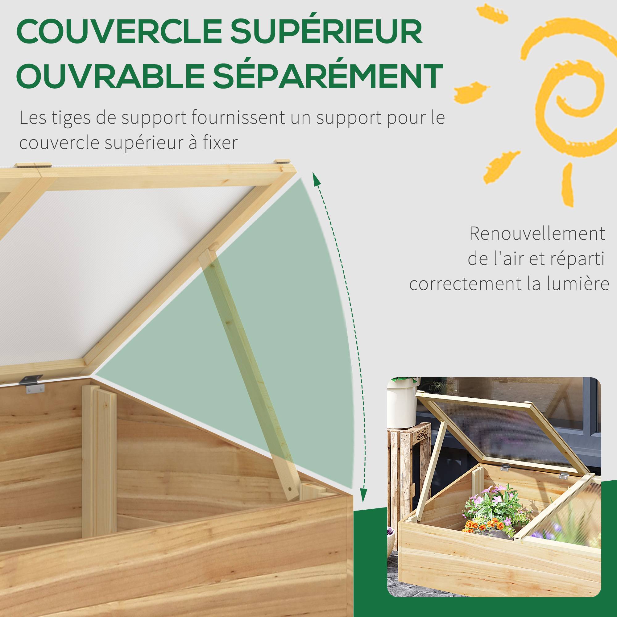 Mini Serre de Jardin Serre pour semis dim. 100L x 50l x 36H cm Toit 2 pans ouvrables séparemment Panneaux de Polycarbonate Bois Sapin pré-huilé - Image 6