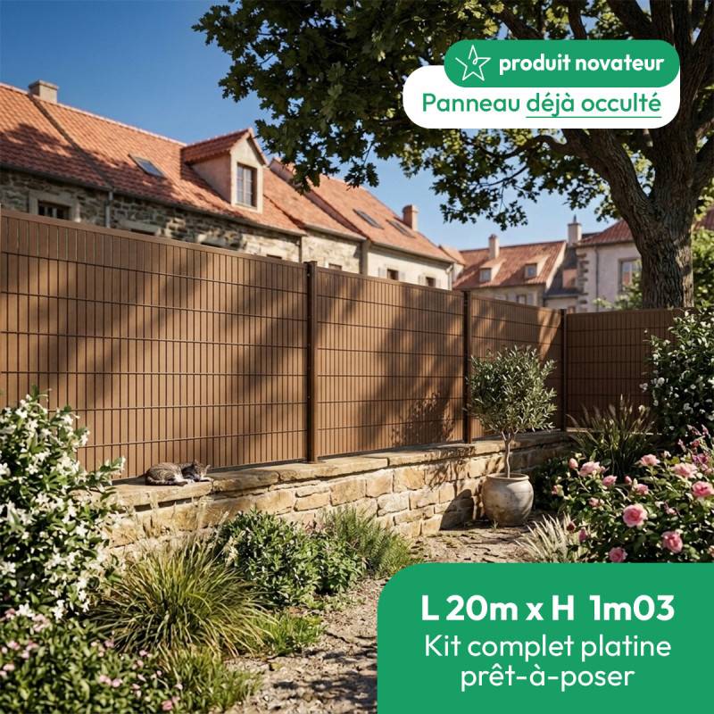 Kit complet grillage rigide occulté composite L 20m H 1m03 marron sur platine - Easy Clôture - Image 1