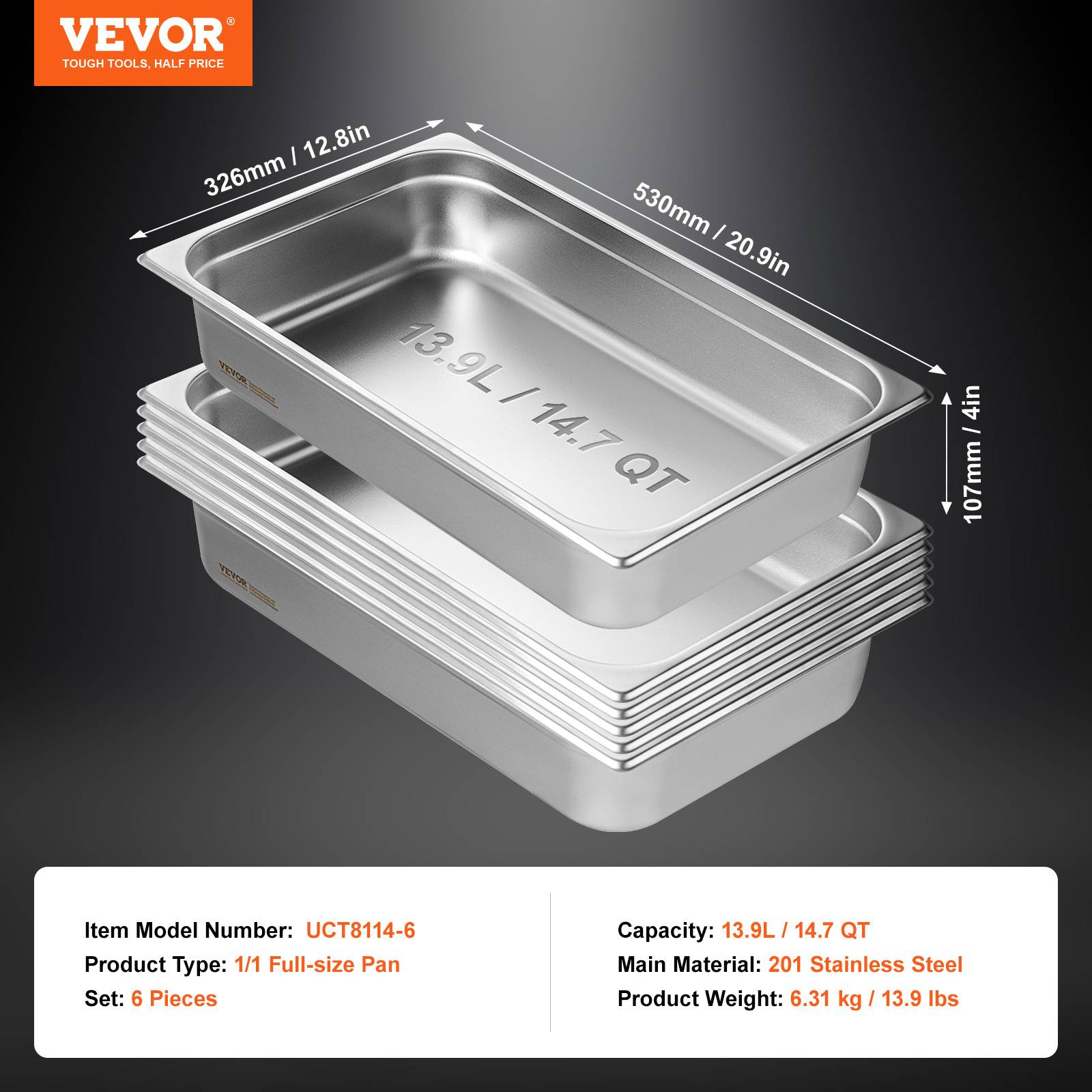 Vevor - VEVOR Bac Gastronorme GN 1/1 lot de 6, inox 0.8mm, profondeur 10.7 cm, pour fours, réfrigérateurs, restauration. - Image 7