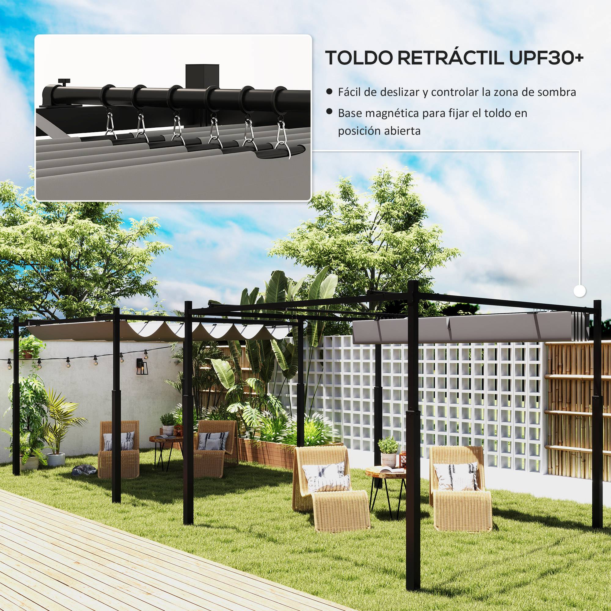 Pergola jardin 3x3 m toit rétractable aimanté UV30+, colonnes métal crochets, gris - Image 6