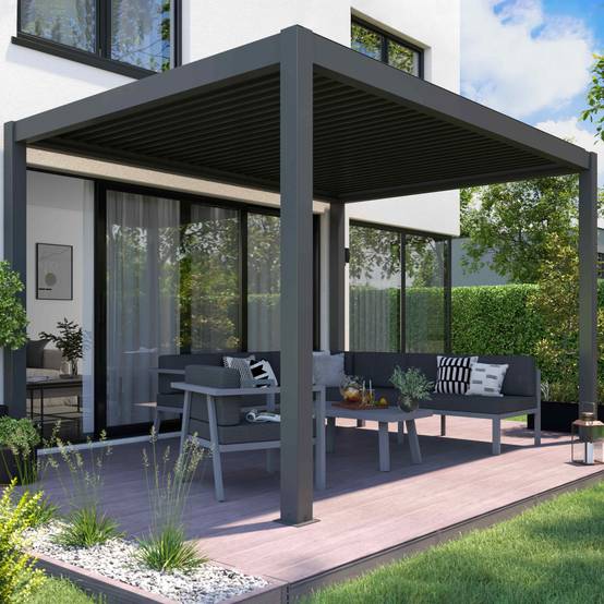 Oviala - Pergola bioclimatique autoportée motorisée et éclairée 3 x4 m gris Kavala - Oviala - Image 1