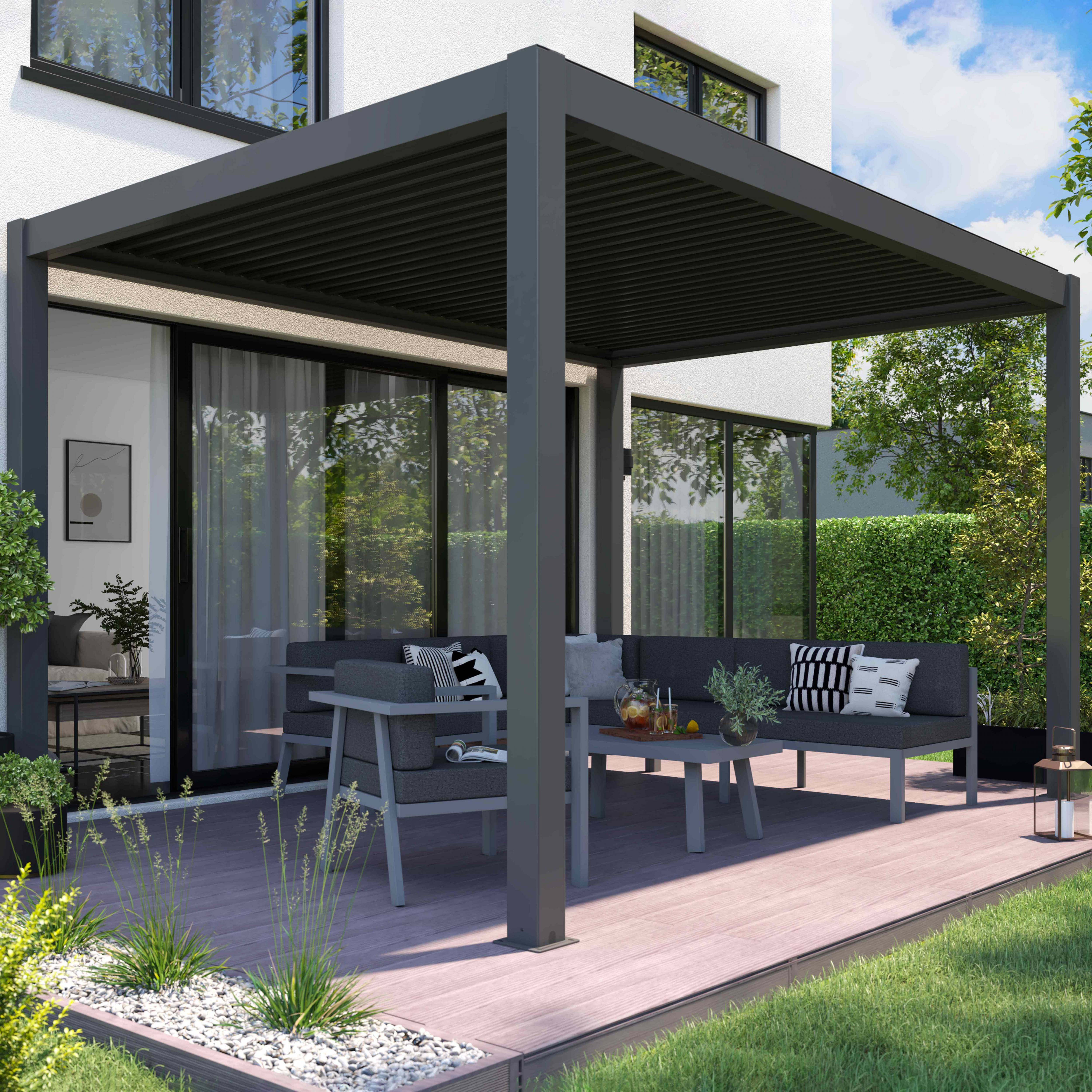 Oviala - Pergola bioclimatique autoportée motorisée et éclairée 3 x4 m gris Kavala - Oviala - Image 1