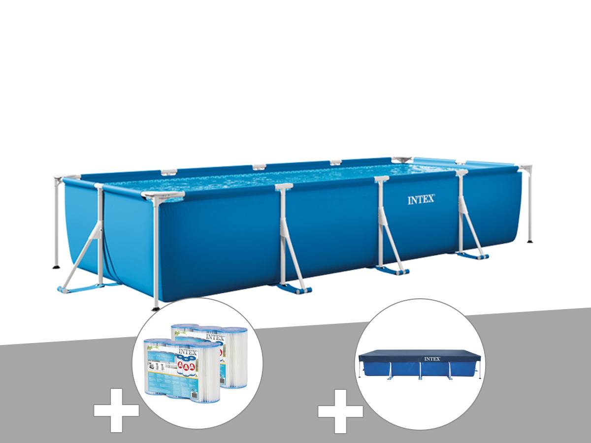 Kit piscine tubulaire rectangulaire 3,00 x 2,00 x 0,75 m + Bâche de protection + 6 cartouches - Intex