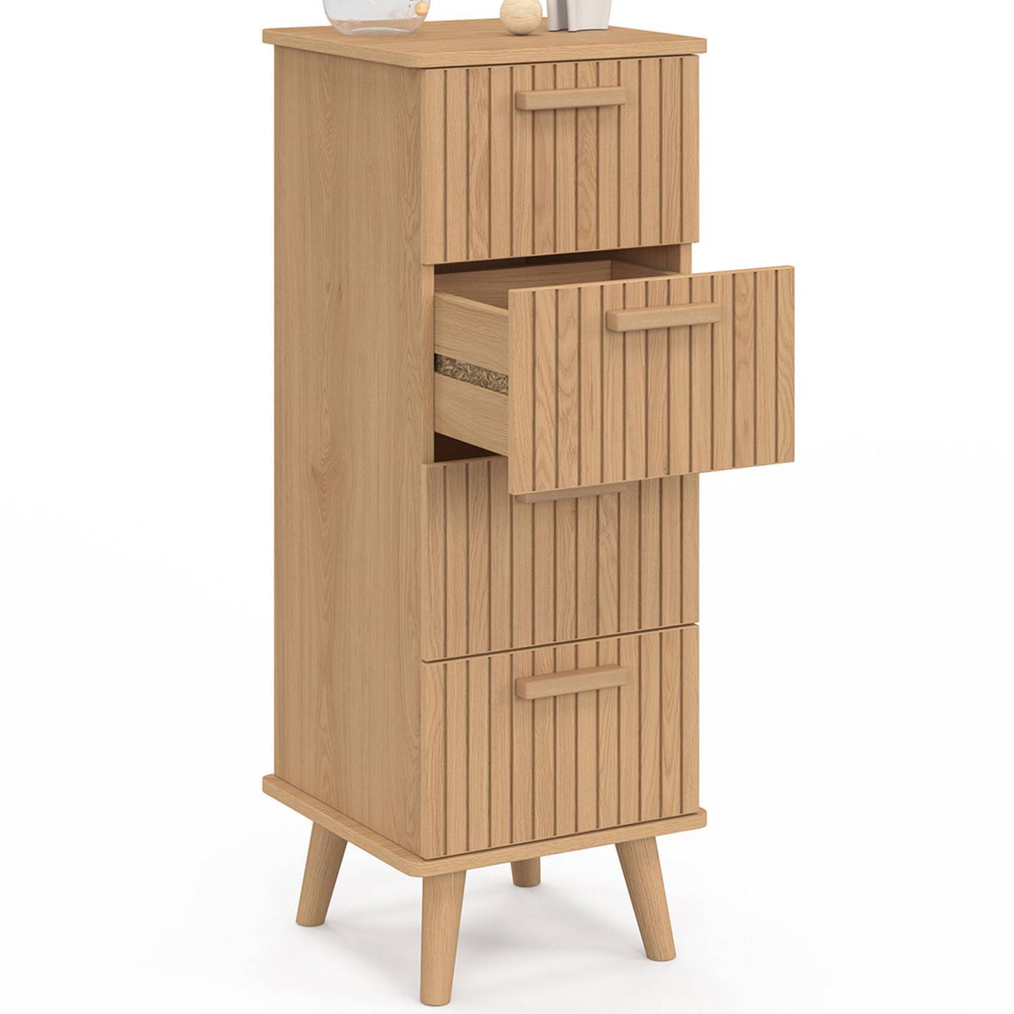 Meuble d'appoint 4 tiroirs JULIETTE 30 cm chiffonnier effet lattes tasseau bois coloris chêne - Image 4