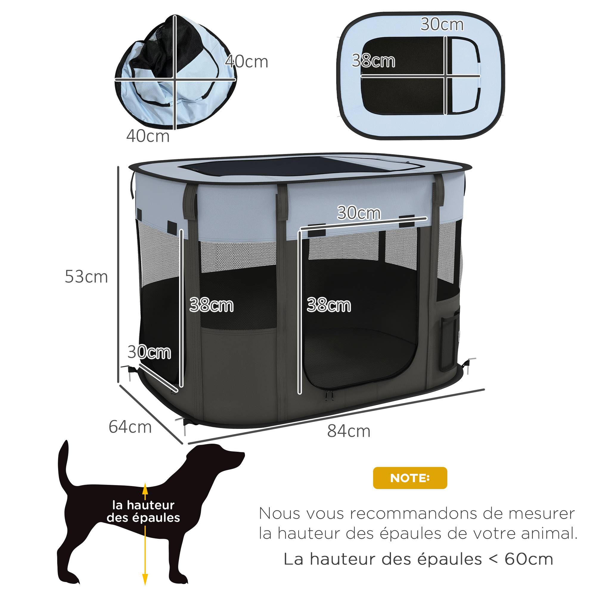 Parc enclos pliable pour chien chat petits animaux en tissu Oxford avec rangement 84 x 64 x 53 cm gris et noir - Image 5