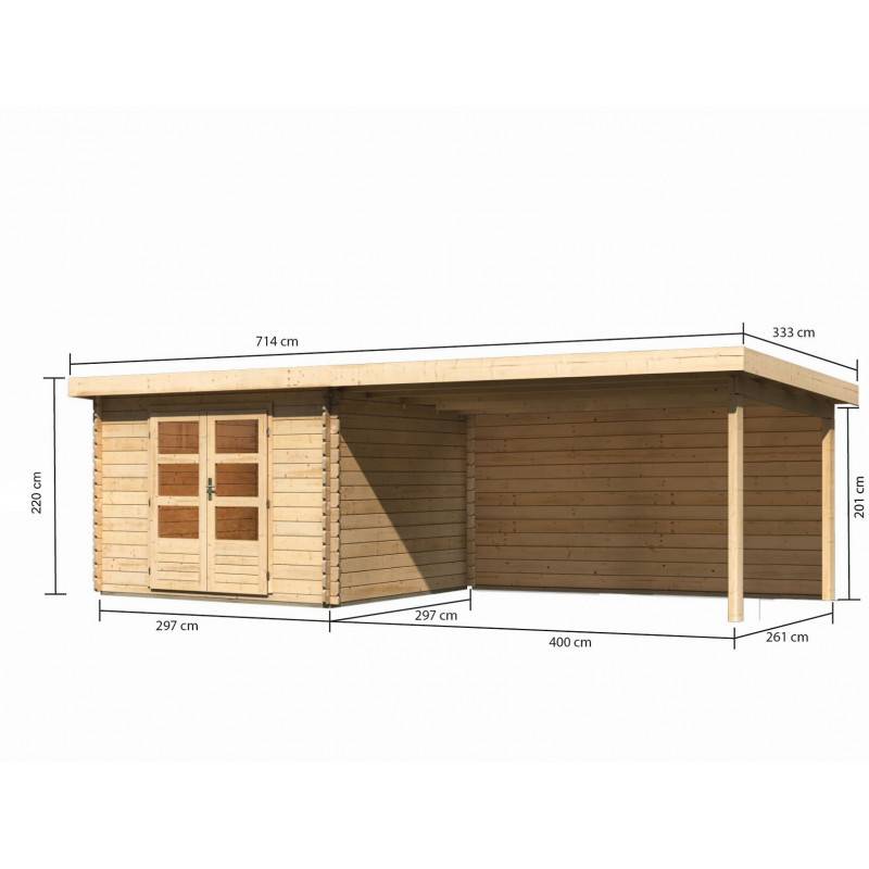 Abri de jardin bois épicéa 8,82m² avec appentis 400x261cm double porte vitrée Karibu Bastrup 5 naturel - Image 2
