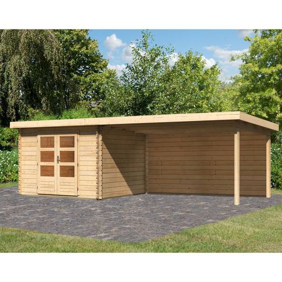 Abri de jardin bois épicéa 8,82m² avec appentis 400x261cm double porte vitrée Karibu Bastrup 5 naturel - Image 1