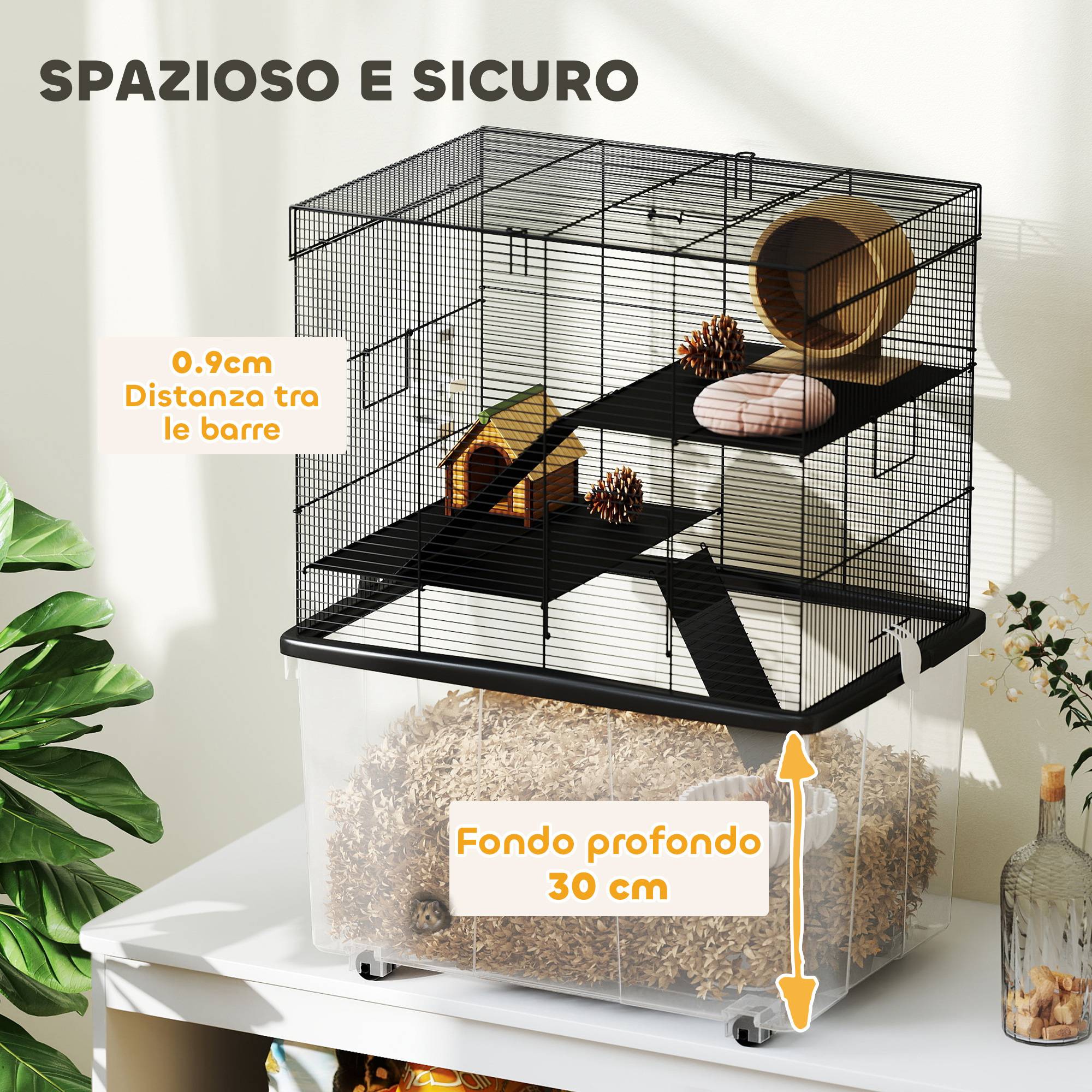 Cage Acier Plastique Hamsters 3 Niveaux Bac Profond Roulettes 58x43x74cm Noir - ComfortXL Outdoor Living - Image 7
