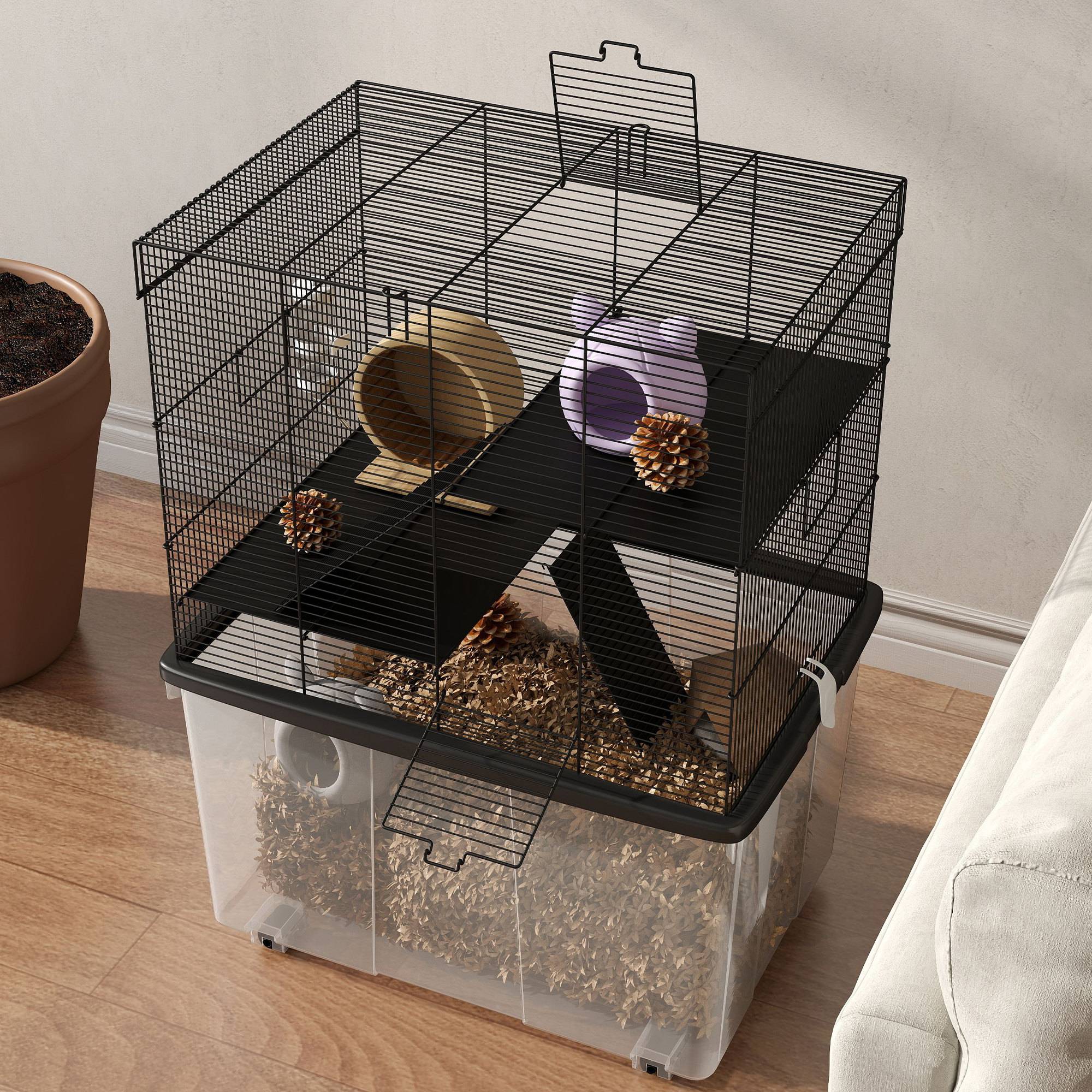 Cage Acier Plastique Hamsters 3 Niveaux Bac Profond Roulettes 58x43x74cm Noir - ComfortXL Outdoor Living - Image 10