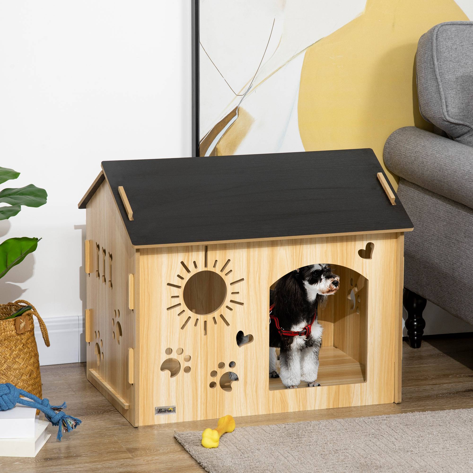 Sans Marque - Niche chien ouvertures ventilation résistante intempéries bois noire et couleur bois 69x50x58,5 cm - Image 4