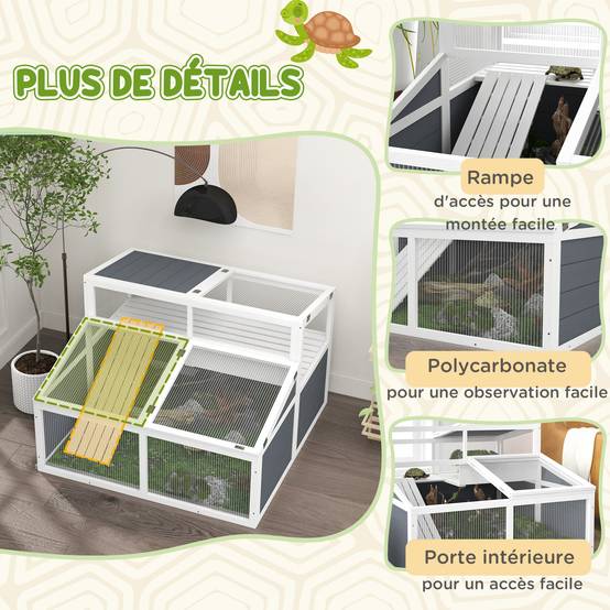 Maison enclos cage pour petit animal tortue avec 2 espaces toit en polycarbonate 3 portes rampe 115 x 115 x 82 cm gris - Image 9