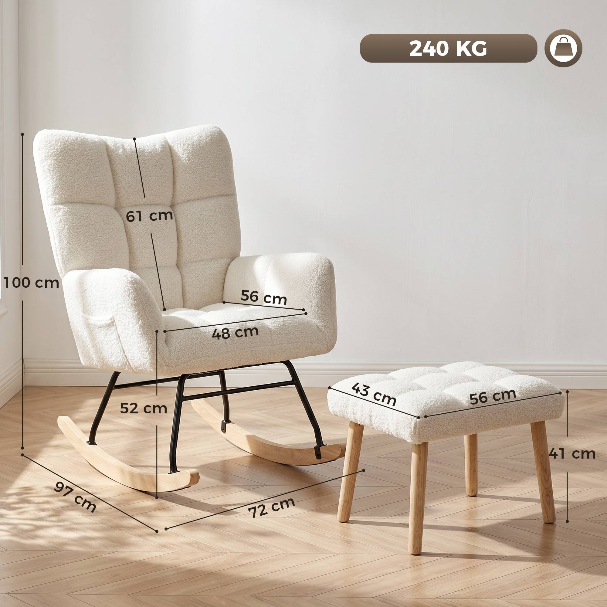 Sans Marque - Fauteuil à Bascule avec Repose-Pieds, Rocking Chair en Tissu Bouclette, Assise Rembourrée, Dossier Large, Crème - Image 5
