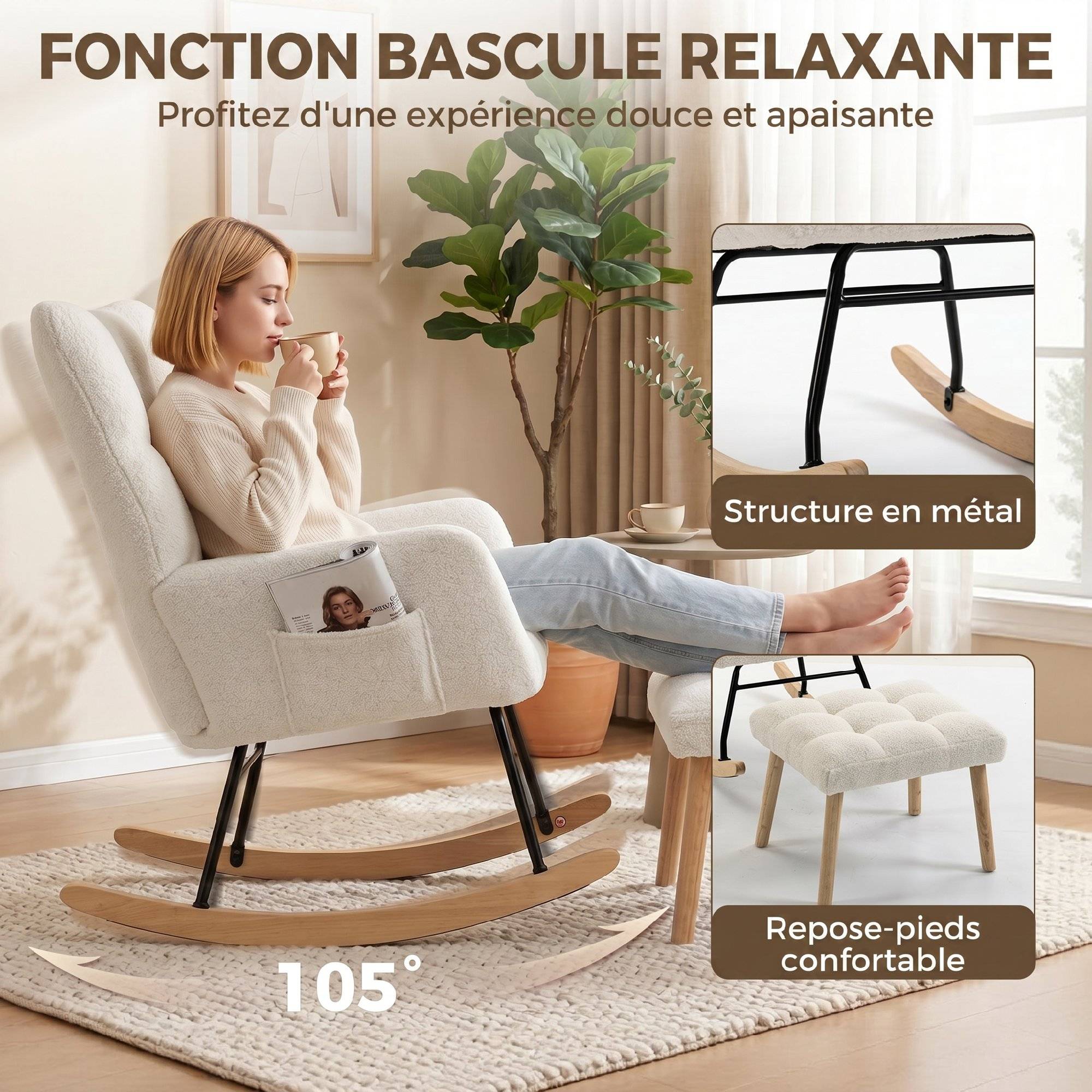 Sans Marque - Fauteuil à Bascule avec Repose-Pieds, Rocking Chair en Tissu Bouclette, Assise Rembourrée, Dossier Large, Crème - Image 6
