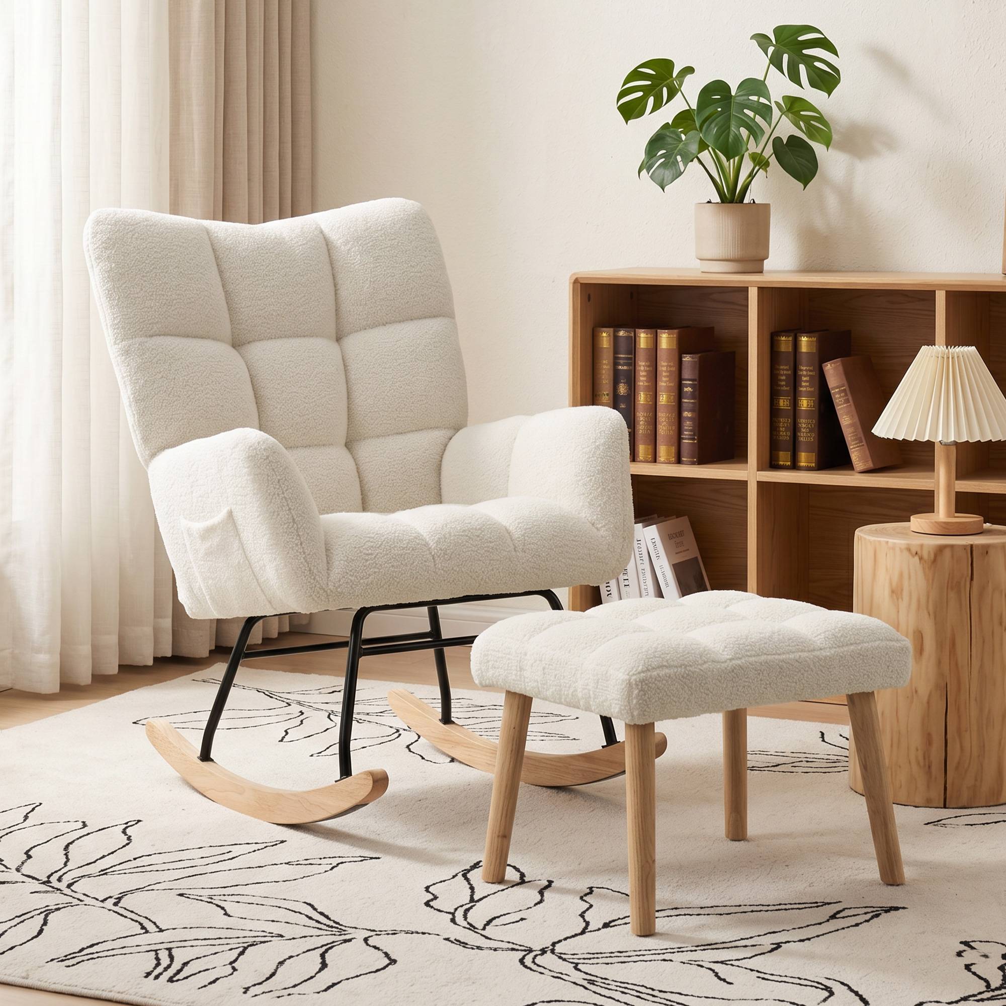 Sans Marque - Fauteuil à Bascule avec Repose-Pieds, Rocking Chair en Tissu Bouclette, Assise Rembourrée, Dossier Large, Crème - Image 3