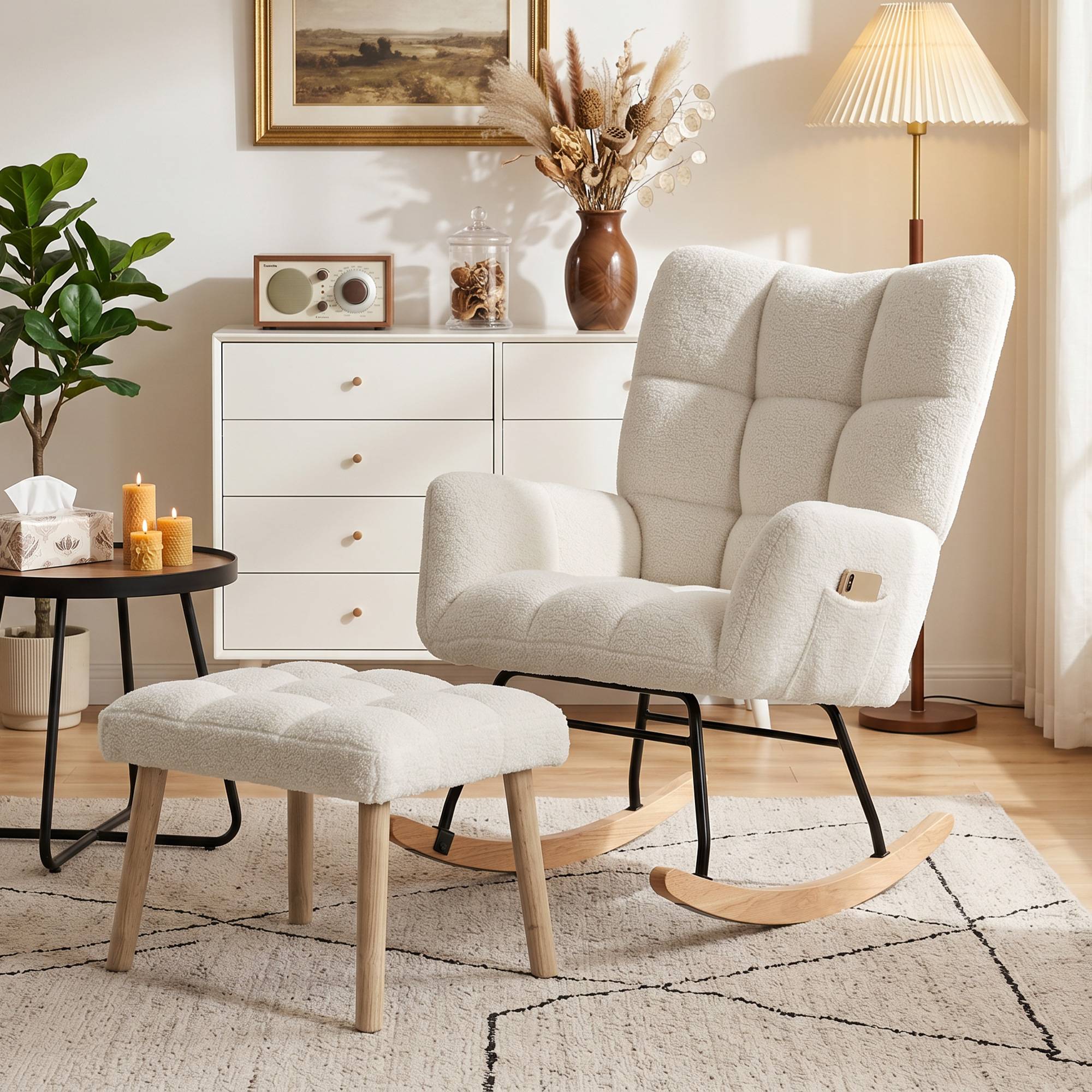 Sans Marque - Fauteuil à Bascule avec Repose-Pieds, Rocking Chair en Tissu Bouclette, Assise Rembourrée, Dossier Large, Crème - Image 4