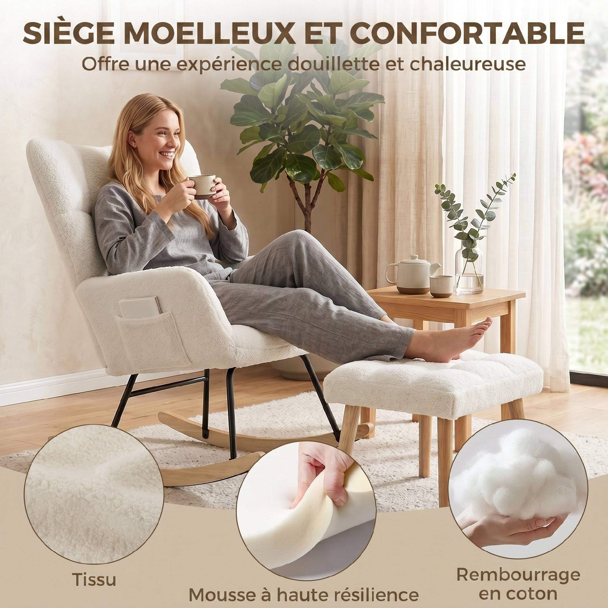 Sans Marque - Fauteuil à Bascule avec Repose-Pieds, Rocking Chair en Tissu Bouclette, Assise Rembourrée, Dossier Large, Crème - Image 7