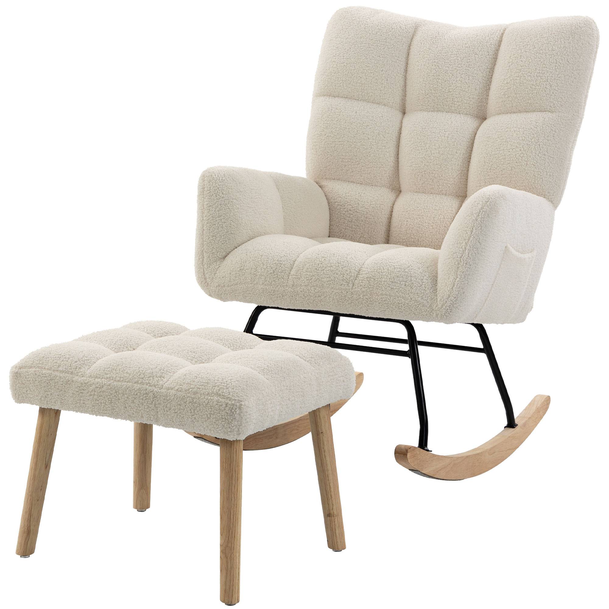Sans Marque - Fauteuil à Bascule avec Repose-Pieds, Rocking Chair en Tissu Bouclette, Assise Rembourrée, Dossier Large, Crème - Image 2