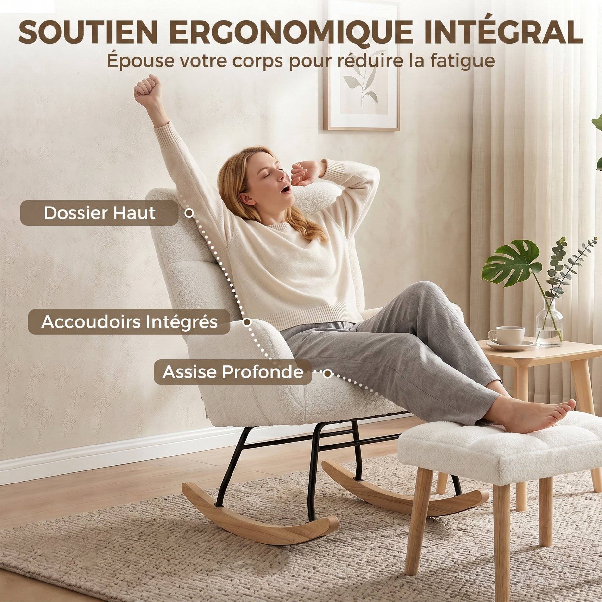 Sans Marque - Fauteuil à Bascule avec Repose-Pieds, Rocking Chair en Tissu Bouclette, Assise Rembourrée, Dossier Large, Crème - Image 9