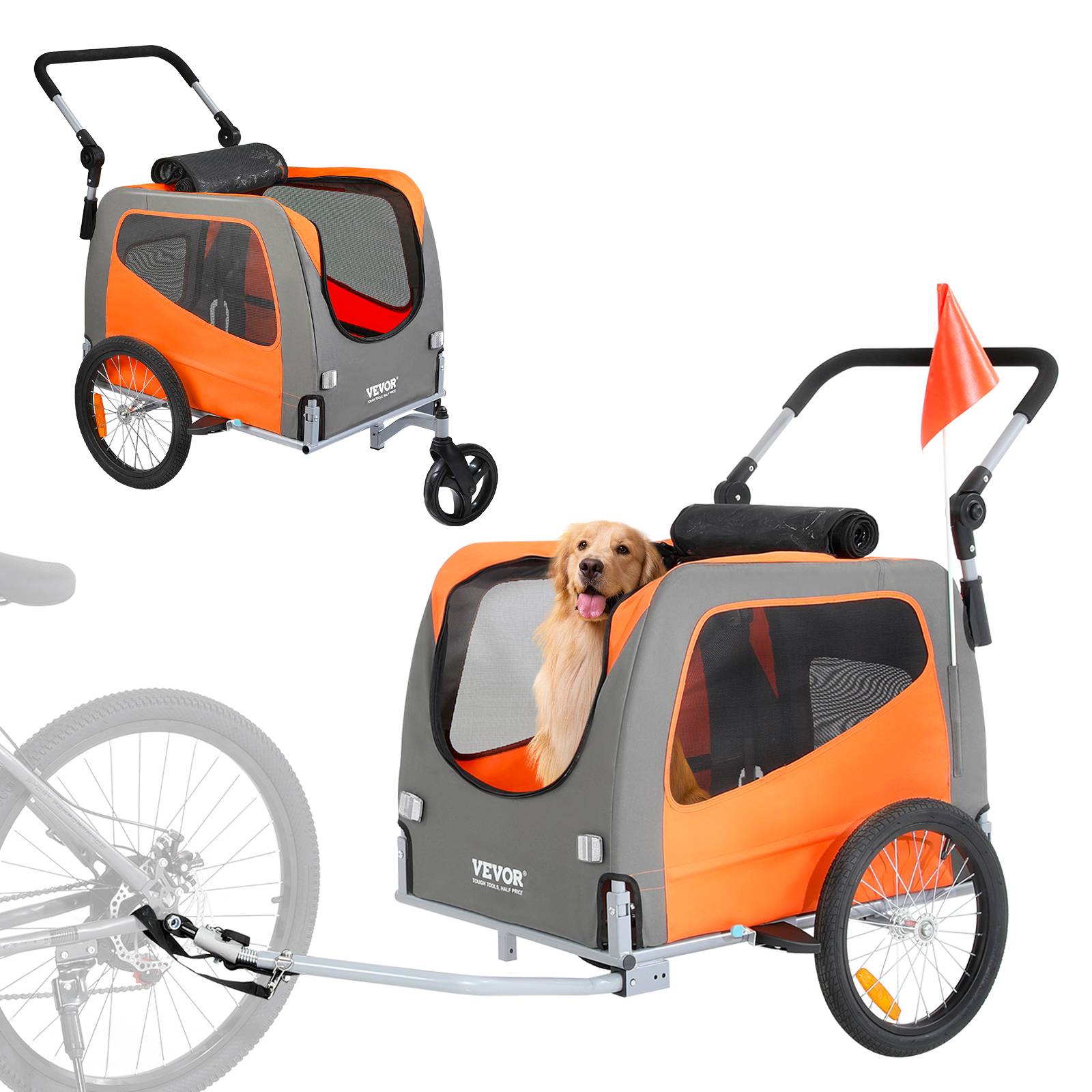 Remorque vélo chien pliable, charge 30 kg. 2-en-1, coupleur universel. Orange/gris. - Image 1
