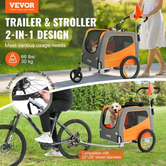Remorque vélo chien pliable, charge 30 kg. 2-en-1, coupleur universel. Orange/gris. - Image 2