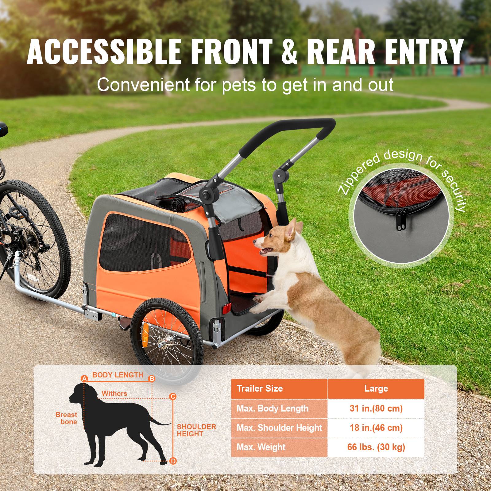Remorque vélo chien pliable, charge 30 kg. 2-en-1, coupleur universel. Orange/gris. - Image 5