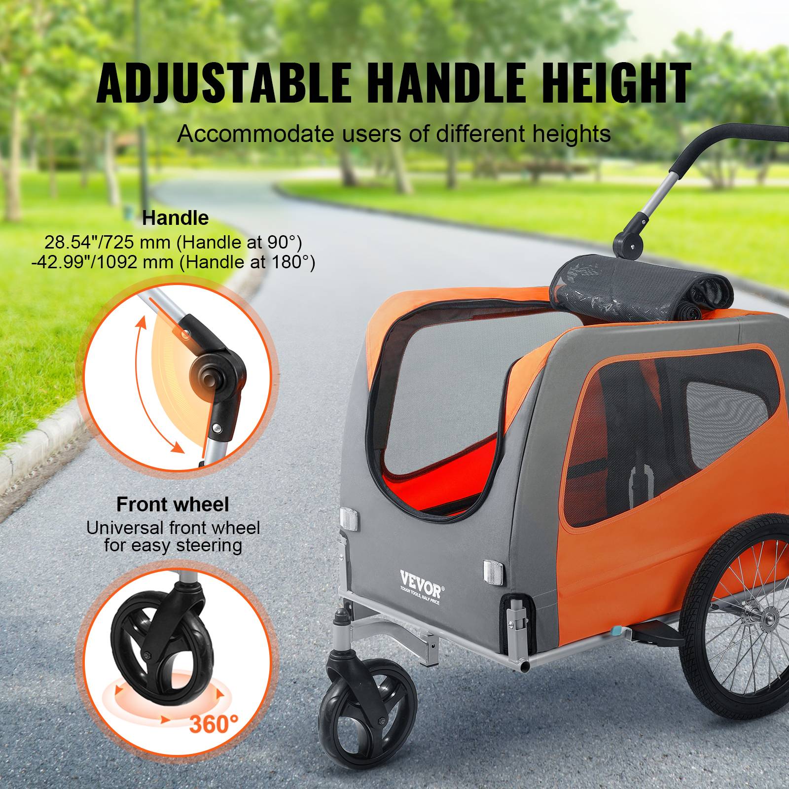 Remorque vélo chien pliable, charge 30 kg. 2-en-1, coupleur universel. Orange/gris. - Image 3