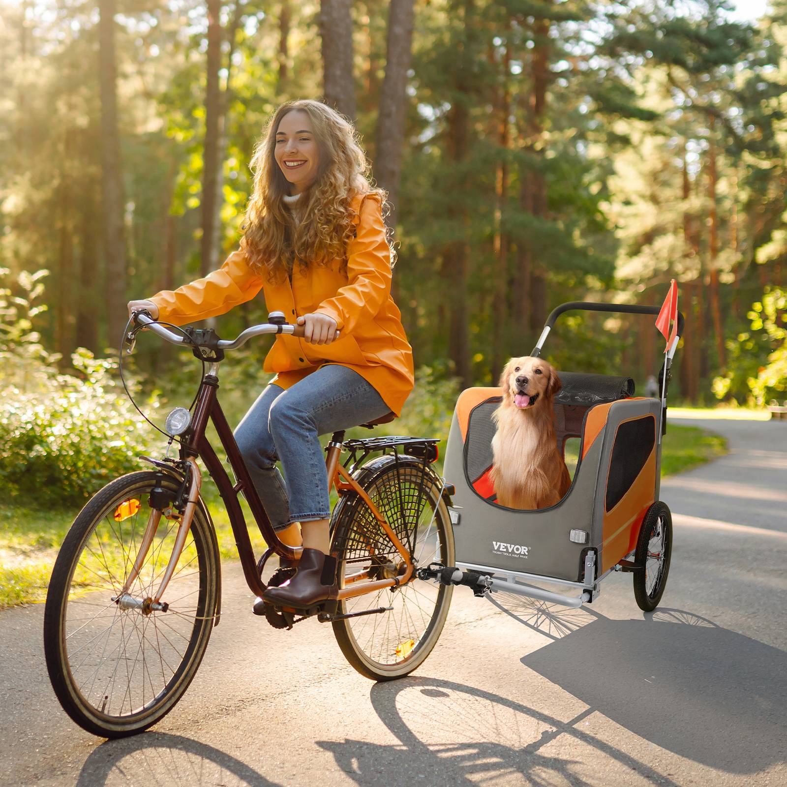 Remorque vélo chien pliable, charge 30 kg. 2-en-1, coupleur universel. Orange/gris. - Image 8