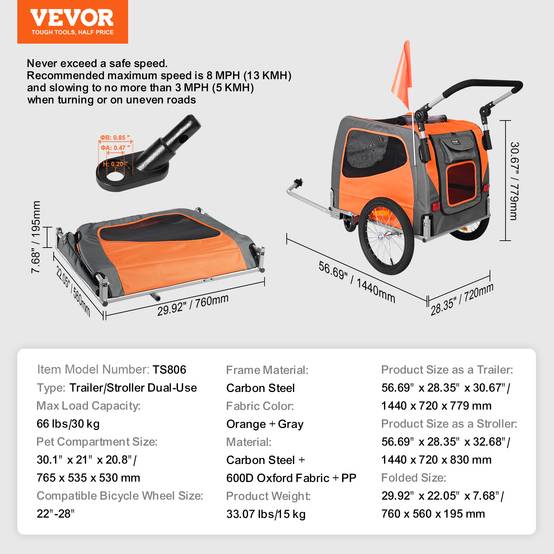 Remorque vélo chien pliable, charge 30 kg. 2-en-1, coupleur universel. Orange/gris. - Image 7