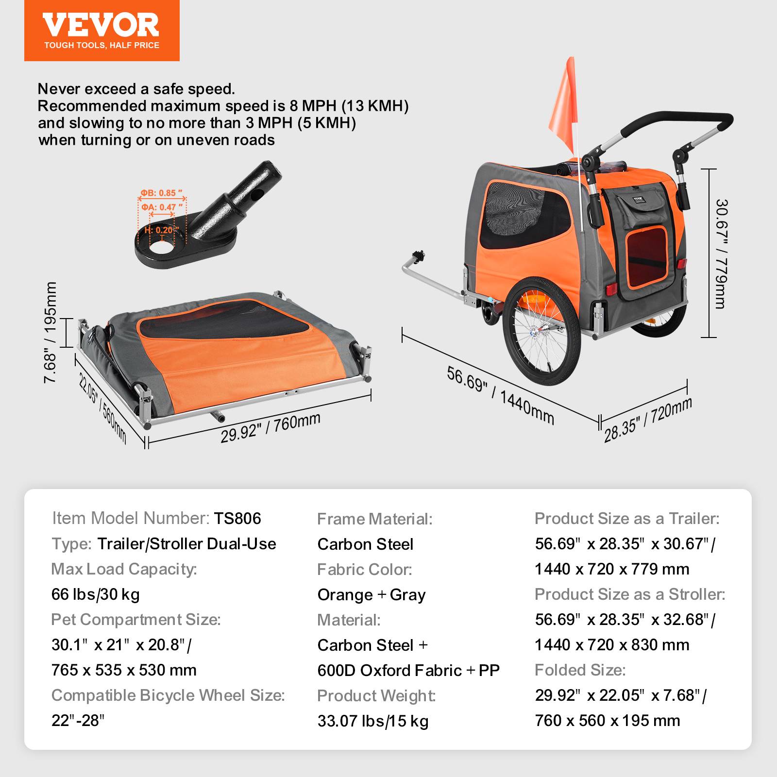 Remorque vélo chien pliable, charge 30 kg. 2-en-1, coupleur universel. Orange/gris. - Image 7