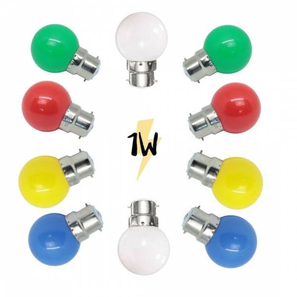 Lot de 10 Ampoules Guinguette B22 1W Multicolores et blanc chaud LED à baïonnettes plastique professionnelle - Image 1
