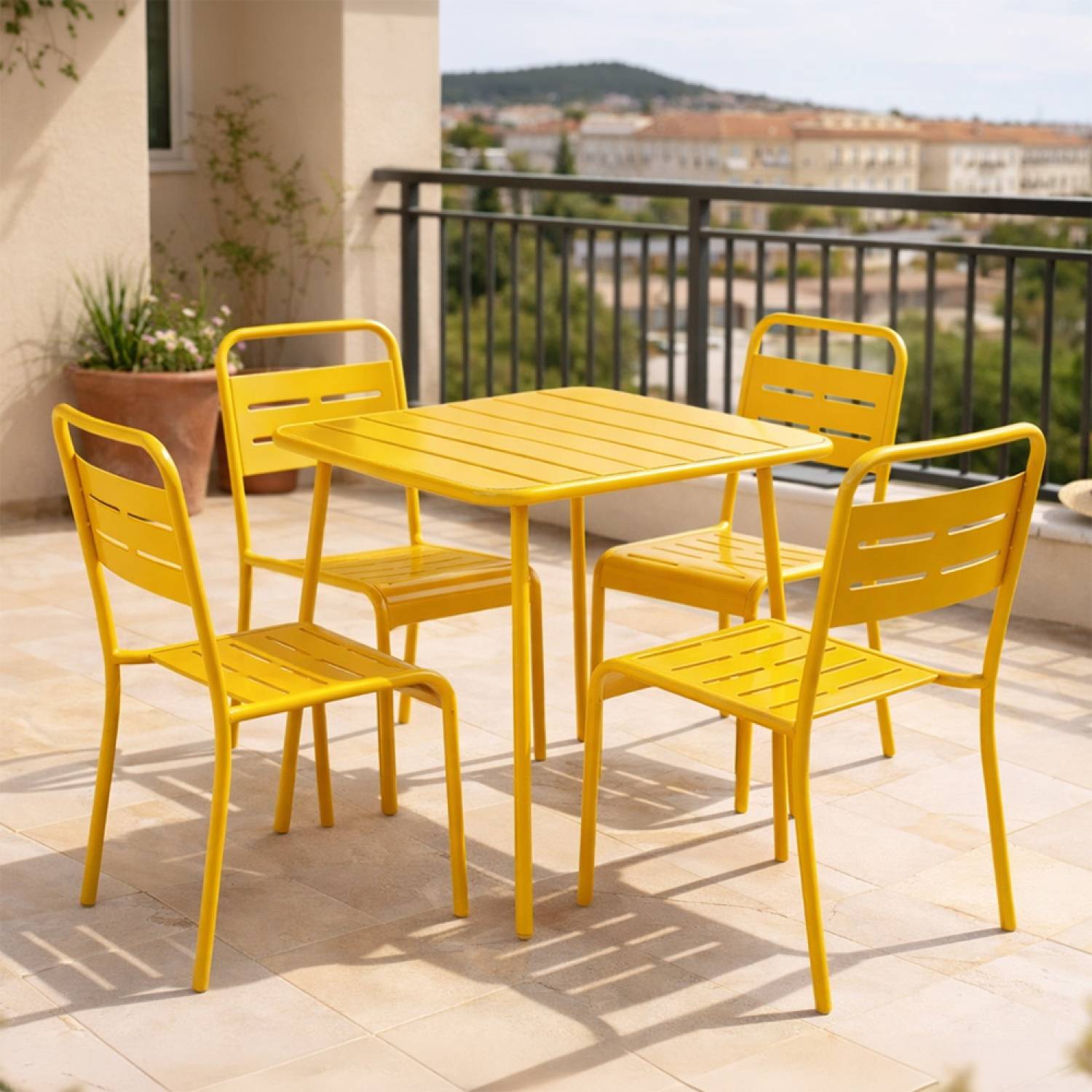Ensemble table de jardin carrée 70cm et 4 chaises jaune BERGAME - Image 2