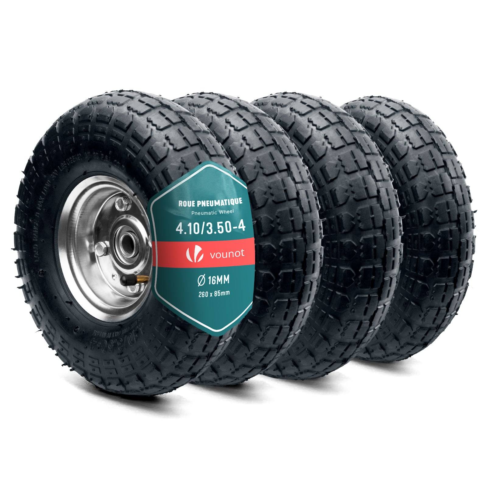 Lot de 4 Roue gonflable robuste 3.5-4 pour chariot brouette alesage 16mm 260x85mm metal - Image 1