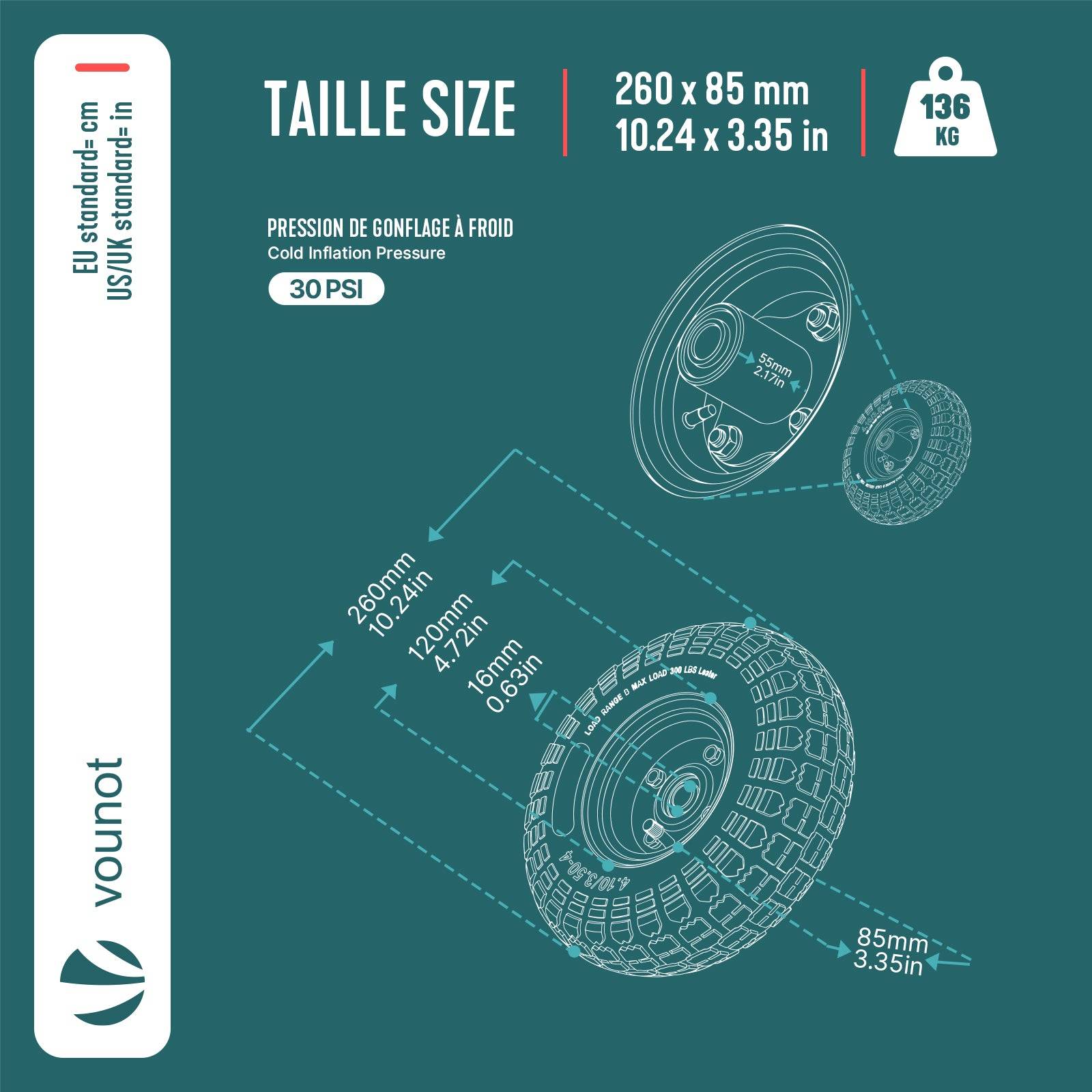 Lot de 4 Roue gonflable robuste 3.5-4 pour chariot brouette alesage 16mm 260x85mm metal - Image 3