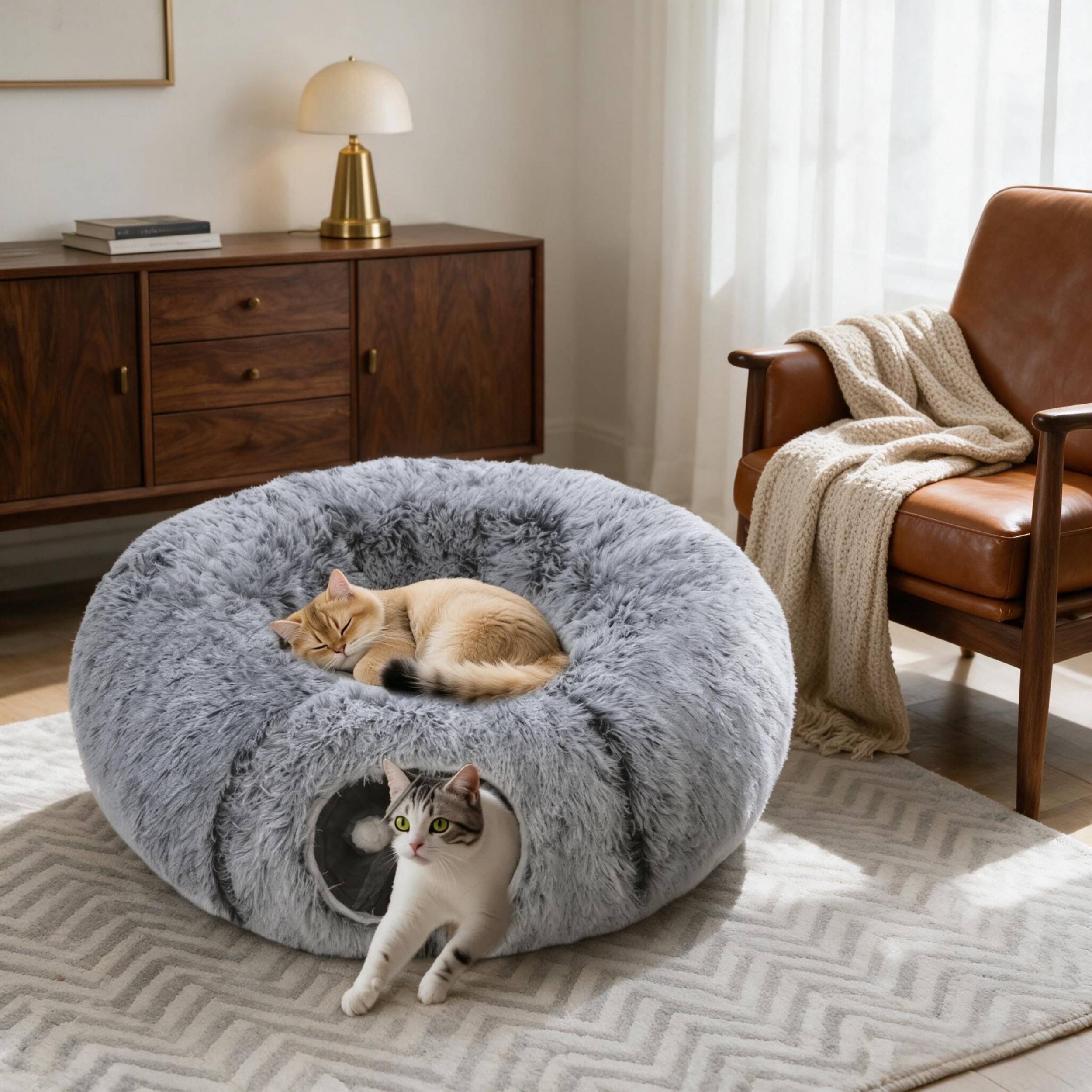 ComfortXL - Tunnel pour chat en peluche gris 90 x 80 x 27 cm lit donut modulable avec coussin lavable - ComfortXL Outdoor Living - Image 5