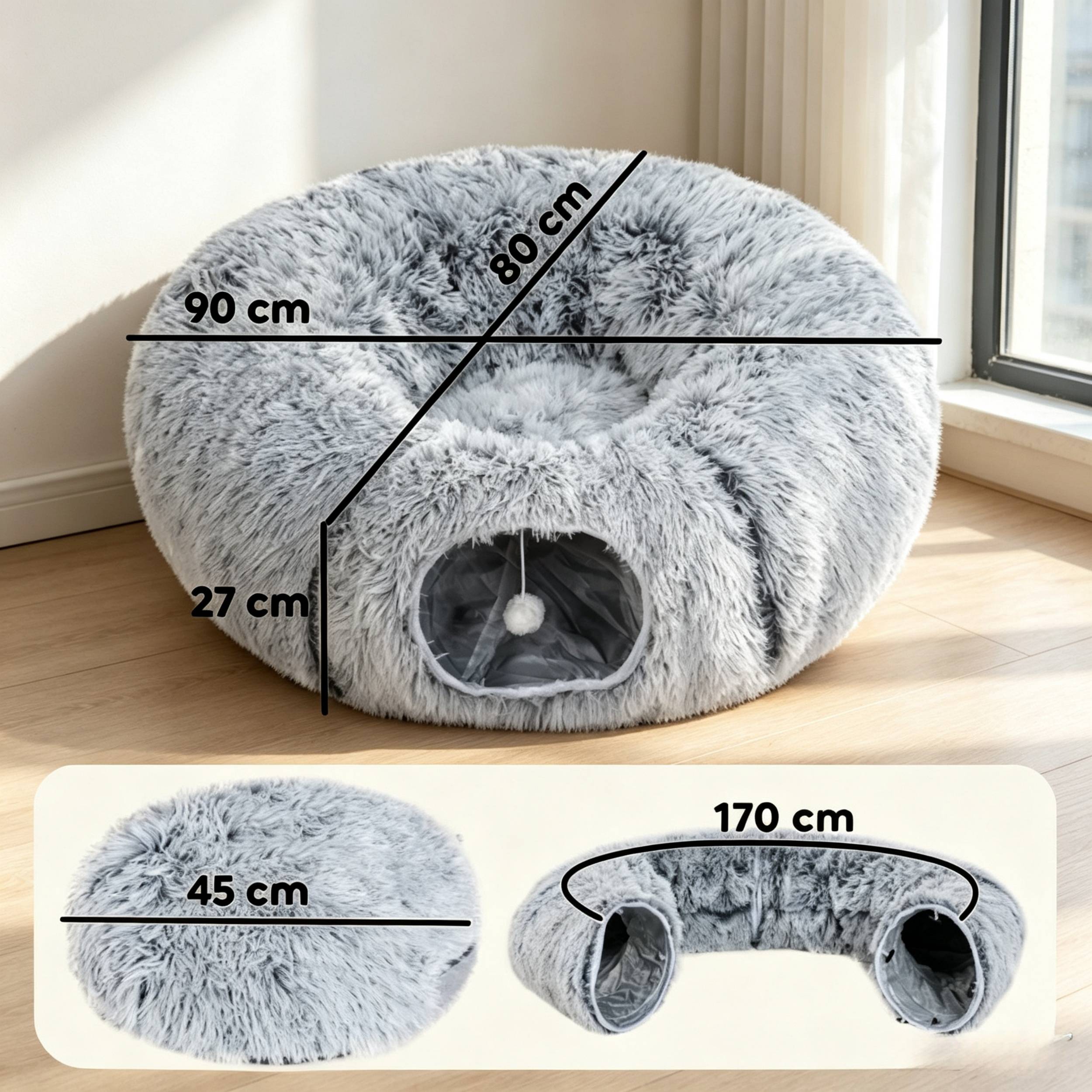 ComfortXL - Tunnel pour chat en peluche gris 90 x 80 x 27 cm lit donut modulable avec coussin lavable - ComfortXL Outdoor Living - Image 4