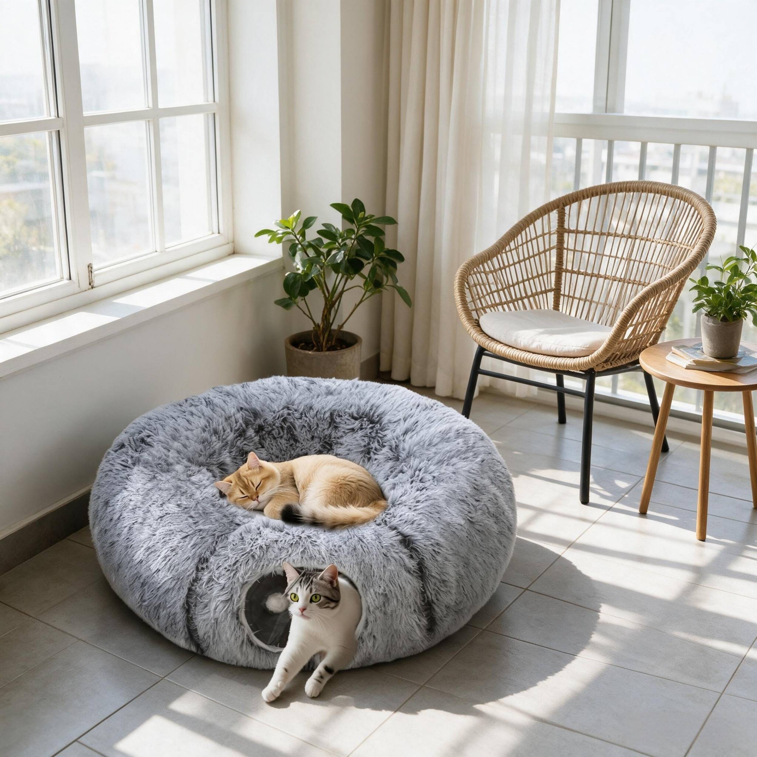 ComfortXL - Tunnel pour chat en peluche gris 90 x 80 x 27 cm lit donut modulable avec coussin lavable - ComfortXL Outdoor Living - Image 1
