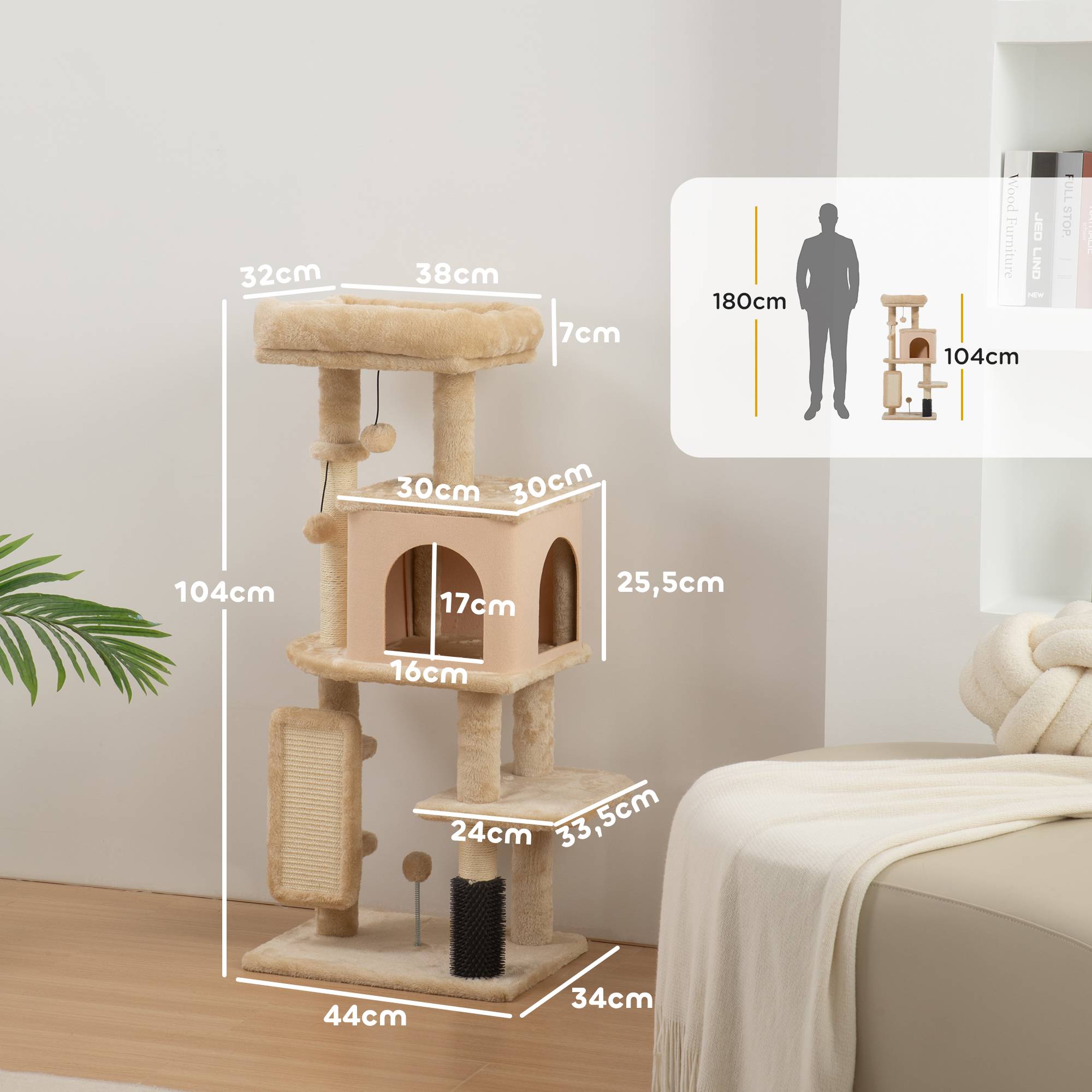 arbre à chat beige 104 cm griffoir plateformes poteau brosse balles chat intérieur stable multi niveaux - Image 5